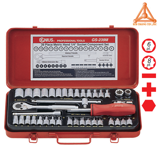 GS-239M bộ khẩu tay vặn đầu 1/4 gồm 39 chiếc hệ mét hãng Genius
