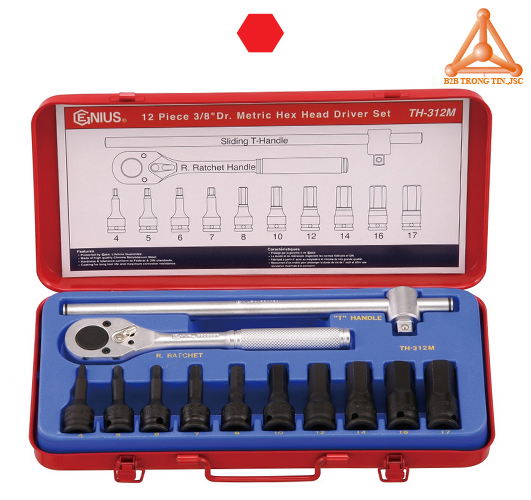 Bộ tuýp 3/8 ra đầu vít lục giác hệ mét 12 chi tiết hãng Genius