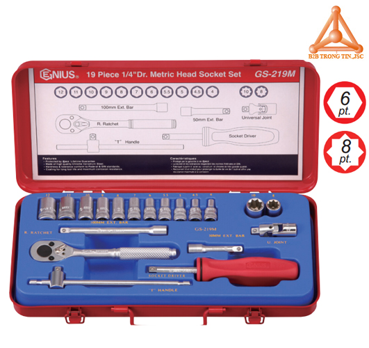 GS-219M bộ khẩu tuýp tay vặn 1/4 gồm 19 chi tiết hệ mét hãng Genius