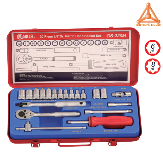 GS-220M bộ khẩu, tuýp tay vặn 1/4 gồm 20 chiếc hệ mét hãng Genius