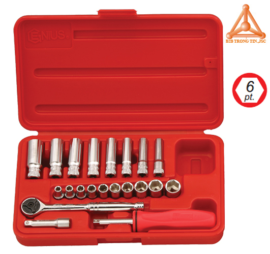 GS-221M Bộ khẩu, tuýp tay vặn đầu 1/4 gồm 21 chi tiết hệ mét hãng Genius